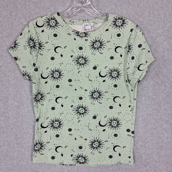 Rue 21 Womens Top XL Green Celestial Sun Moon Stars Witchy Fairy Whimsigoth Boho - Picture 1 of 6